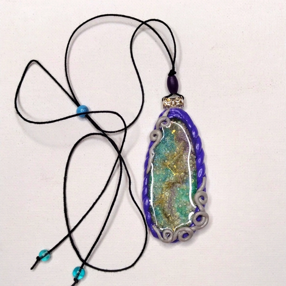 Under the Sea large OOAK Teardrop adjustable Length Necklace purple & turquoise